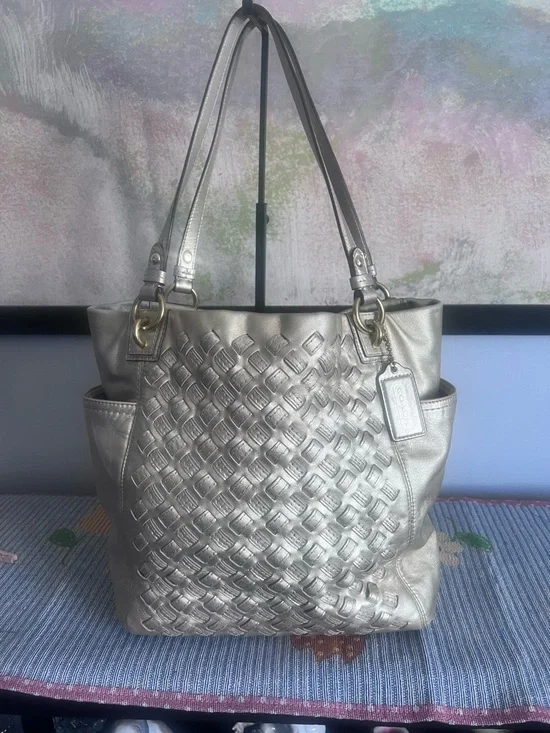 COACH North South Woven Metallic Gold Leather Shoulder Bag - Picture 13 of 13